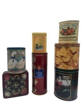 7 Vintage Tin Canisters Lot Featuring Ducks Santa Strawberries & Floral Designs
